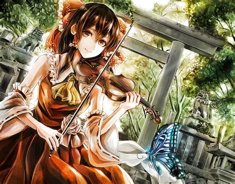 Hd Wallpaper Anime Anime Girls Violin Butterfly Touhou Miko
