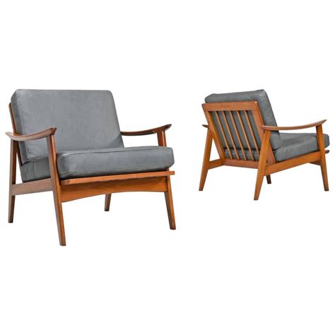 Gray Leather Danish Mid Century Modern Ash Wood Lounge Chairs 1960s