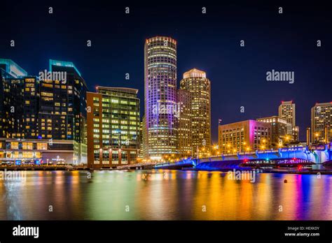 The Boston Skyline And Fort Point Channel At Night In Boston