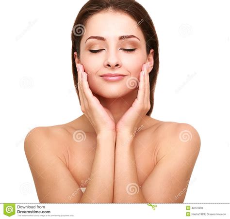 Beautiful Spa Woman With Clean Beauty Skin Touching Her Face Stock