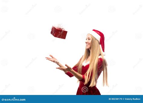 Santa Kobieta łapie Ona Ręki Bożenarodzeniowa Teraźniejszość Isolate Obraz Stock Obraz