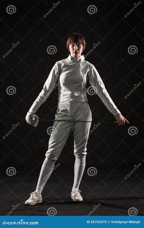 The Portrait Of Woman Wearing White Fencing Costume On Black Stock Image Image Of Expression