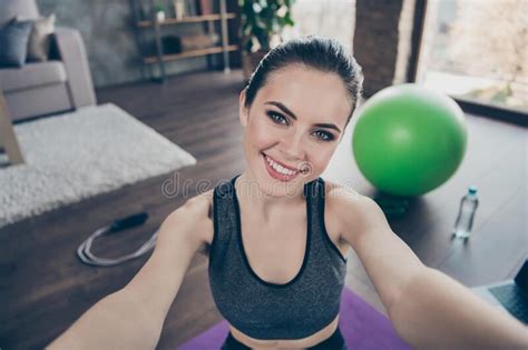 Portrait Of Positive Active Energy Athletic Girl Make Selfie Enjoy