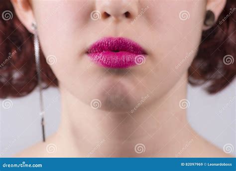 Close Up Of Red Glossy Female Lips Closed Stock Image Image Of