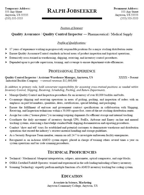 Professional quality assurance inspector resume examples & samples. Quality Control Quality Assurance Inspector Sample Resume ...