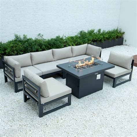 Leisuremod Chelsea 7 Piece Outdoor Sectional And Fire Pit Table Set