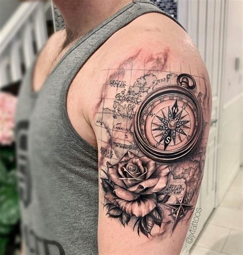 Black And Grey Rose Compass And Map Tattoo Half Sleeve Jina Lee