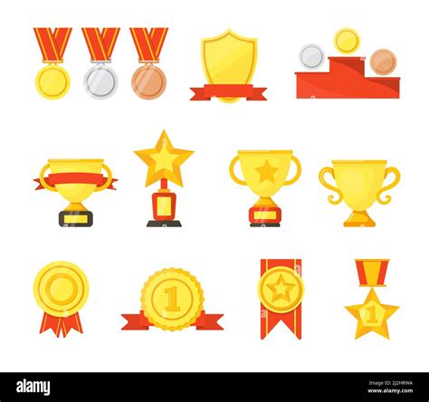 Golden Silver Bronze Medals Cups And Badges Vector Cartoon Set