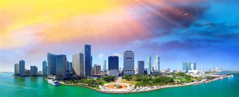Stunning Sunset Over Downtown Miami View From The Air Stock Photo