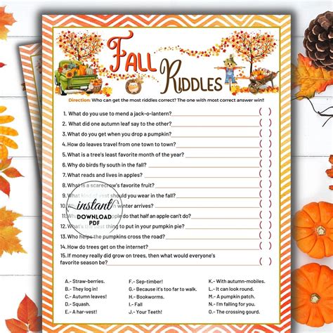 Fall Riddles Game Autumn Printable Game Fall Fun Activity Etsy
