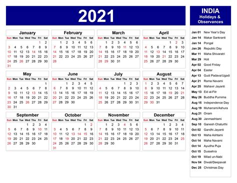 Printable India 2021 Calendar With Holidays Pdf Calendar Dream