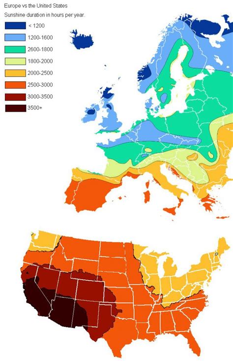 Sunlight Duration In Hours Per Year In Europe And The Us Vivid Maps