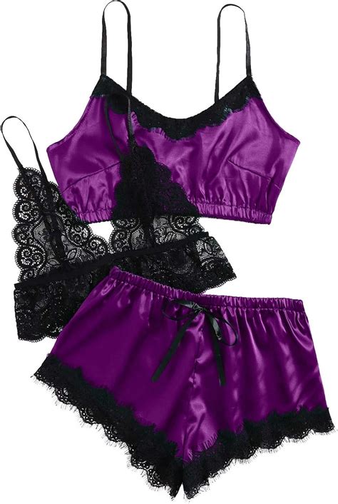 Sexy Damen Unterwäsche Set Spitze Seide Nachtwäsche Pyjama Satin Gr X Large Violett