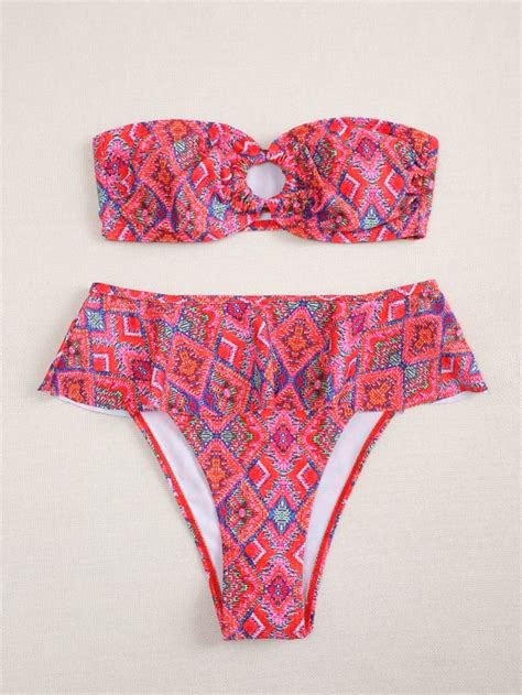 Geo Print Ring Linked Bandeau Bikini Swimsuit Size M