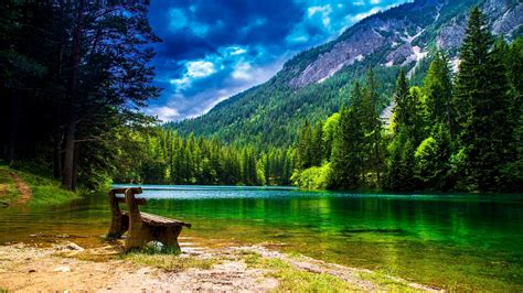 Wonderful Mountain Landscape With Green Pine Forest Green Turquoise River Wallpaper Hd