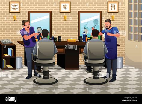 A Vector Illustration Of People Having Haircut In A Barber Shop Stock