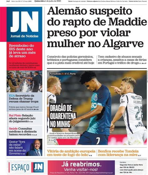 Capa Jornal De Notícias 4 Junho 2020 Capasjornaispt