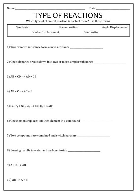 16 Types Chemical Reactions Worksheets Answers Free Pdf At