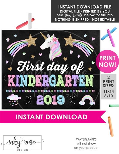 Unicorn First Day Of Kindergarten Sign Printable First Day Of Etsy