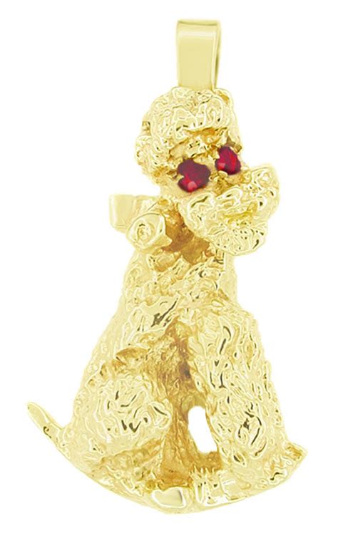 1950s Vintage Poodle Dog Pendant In Solid 14 Karat Gold With Ruby Eyes