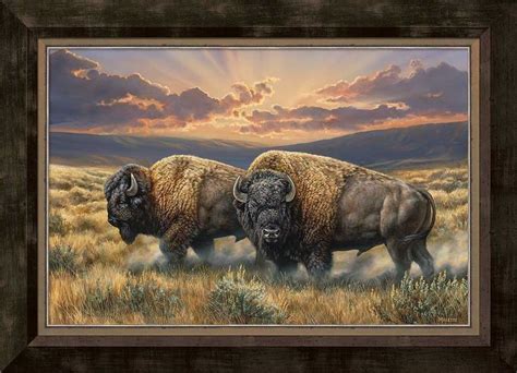 Two Bisons In A Field With The Sun Setting Behind Them And Clouds Above