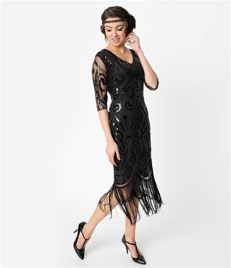 Unique Vintage 1920s Black Beaded Lynette Fringe Flapper Dress
