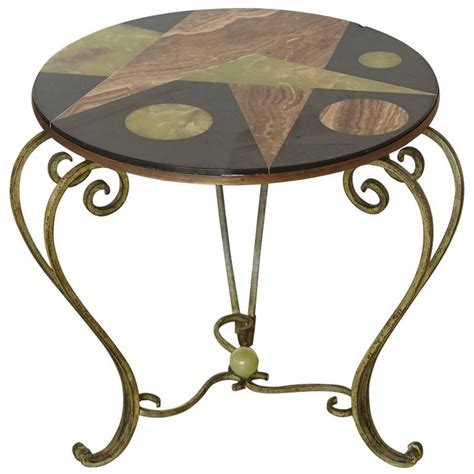 Wrought Iron Side Table With Black Marble Top With Geometric Inlays