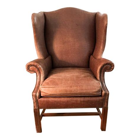 Mid Century Baker Furniture Leather Wing Back Chair Signed For Sale