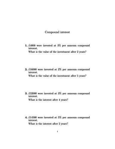 Compound Interest Worksheet With Solutions Teaching Resources