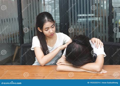 Asian Woman Comforting To Sad Depressed Friend Young Woman Consoling