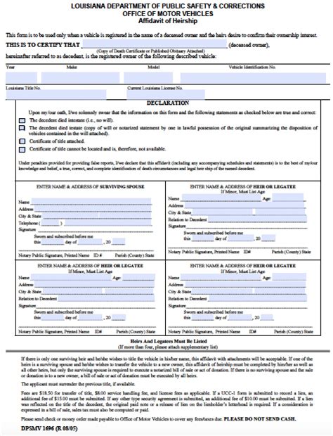 Louisiana law states that either an affidavit of heirship for personal property, or a small estate form for real estate, aim for a small succession. both types of estates must value $75,000 or less. Free Louisiana Affidavit of Heirship Form | PDF - Word