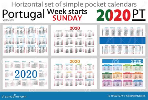 Portugal Horizontal Pocket Calendars 2020 Stock Vector Illustration
