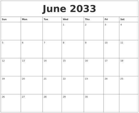 June 2033 Free Blank Calendar