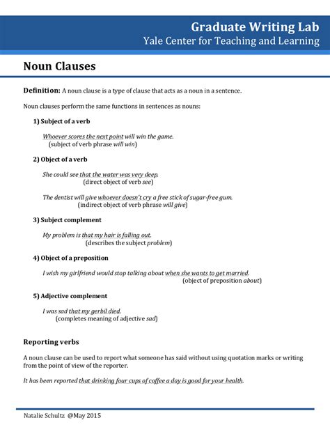 A typical clause consists of a subject and a syntactic predicate, the latter typically a verb phrase, a verb with any objects and other modifiers. 9+ Noun Clause Examples - PDF | Examples
