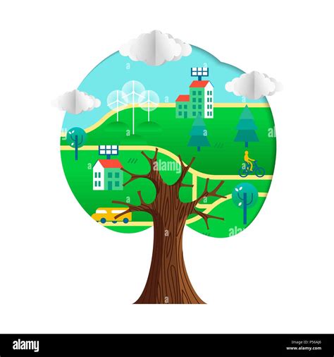 Tree With Green City Paper Cutout Environment Care Concept For Nature