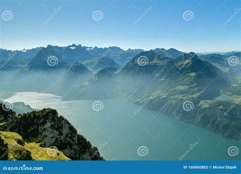 View On Swiss Alps And On Lake Lucerne From Fronalpstock Peak Above The