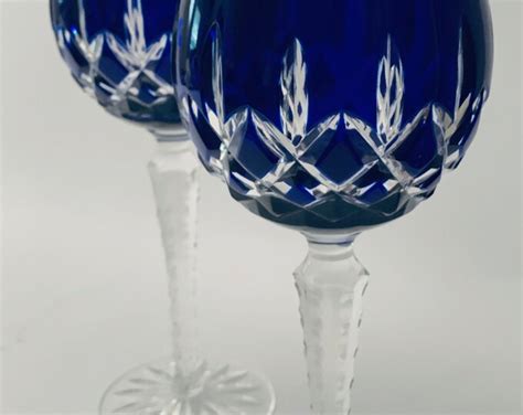 Vintage Ajka Arabella Hungarian Crystal Cobalt Cut To Clear Wine Hocks