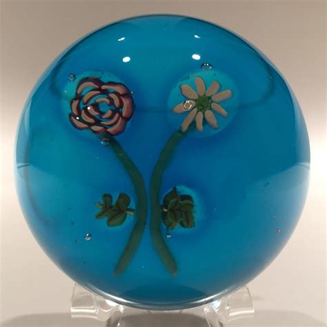 Vintage Murano Art Glass Paperweight Two Flower Bouquet W Rose Cane Millefiori Glass