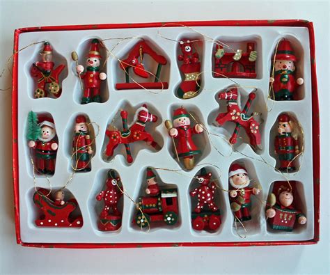 Vintage German Wooden Miniature Christmas Ornaments Set of 18 Tabletop