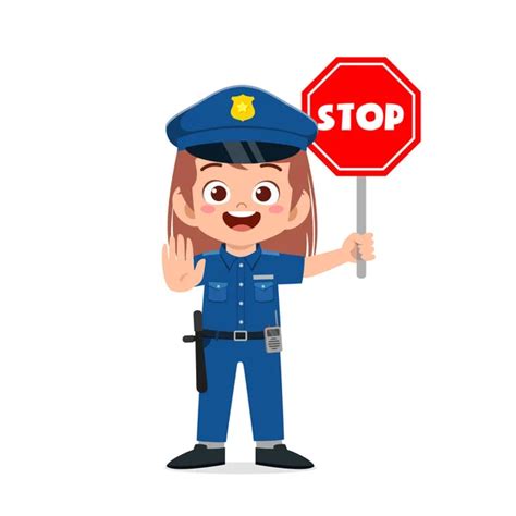 Happy Cute Little Kid Girl Wearing Police Uniform Stand Traffic Stock