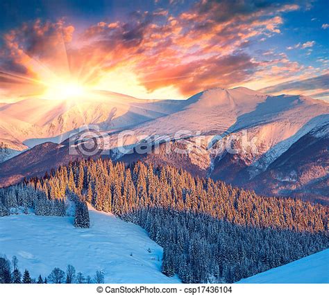 Colorful Winter Sunrise In Mountains