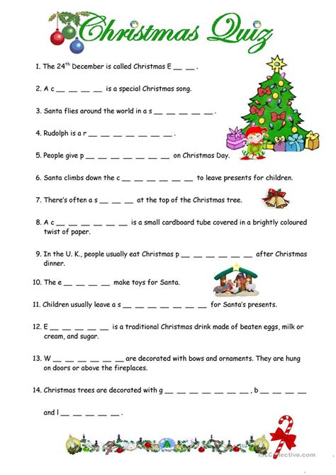 The christmas season is a wonderful time to expose your young students to traditions in other cultures. A Christmas quiz worksheet - Free ESL printable worksheets made by teachers