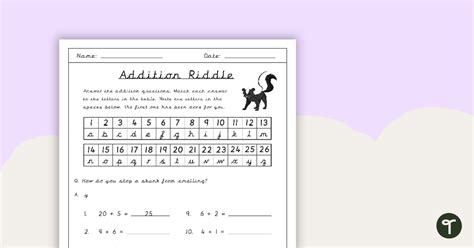 Addition Riddle Worksheet Skunk Teach Starter
