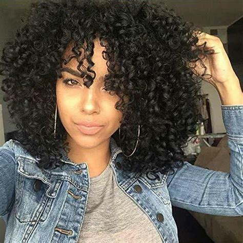 Aisi Black Curly Afro Shoulder Length Wig Wbangs Synthetic Heat