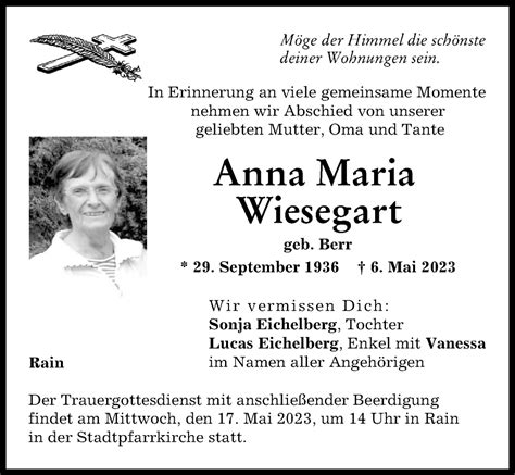 Traueranzeigen Von Anna Maria Wiesegart Augsburger Allgemeine Zeitung