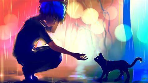 Free Download Hd Wallpaper Anime Boy Cat Raining Scenic Sad
