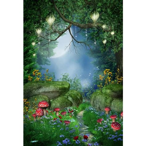 Laeacco Fairytale Moon Night Forest Lamps Pathway Photography