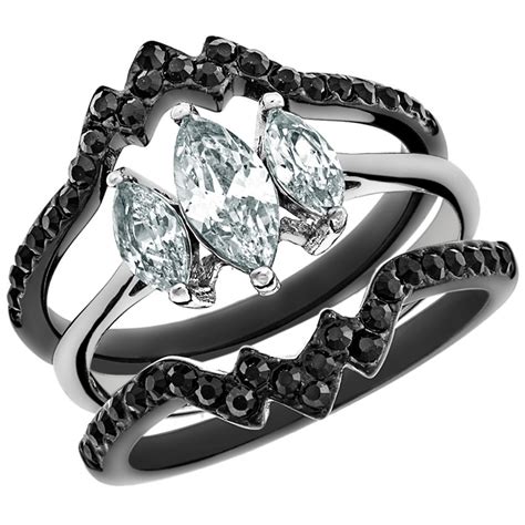 Artk1347 Stainless Steel 225 Ct Marquise Cut Cz Black Wedding Ring Set