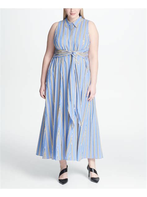 tommy hilfiger tommy hilfiger womens blue belted striped sleeveless collared maxi shirt dress