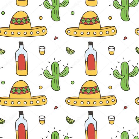 Mexican Seamless Pattern Background With Sombrero Tequila Lime